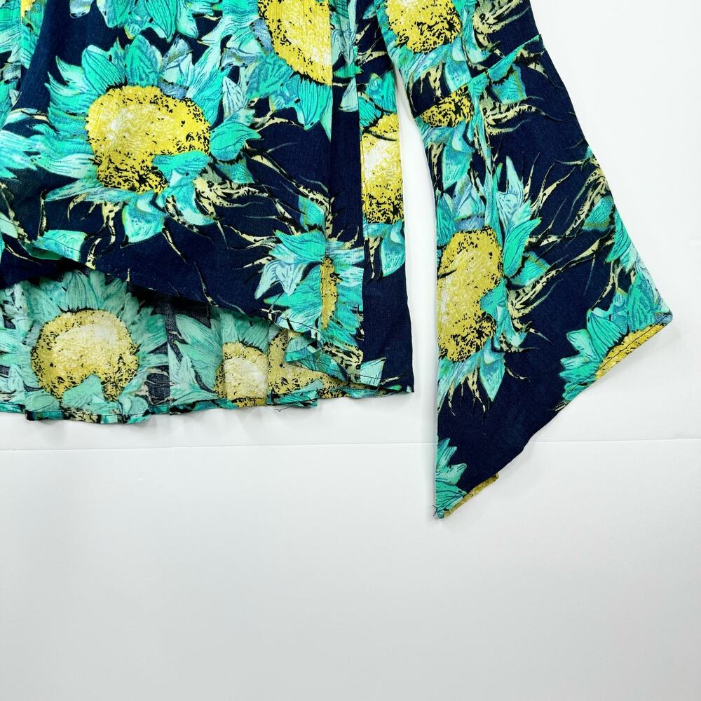 Umgee Teal Sunflower High Low Blouse Top Bell Sleeve Tie Neck Lightweight Medium - Picture 4 of 7